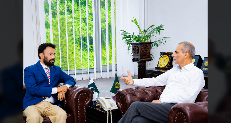The Wafaqi Mohtasib (Federal Ombudsman), Mr. Naveed Kamran Baloch talking to  Mr. Mervyn Lobo, CEO Marie Adelaide Leprosy Centre, Karachi, who called on him in his office at Islamabad on 03.09.2026.