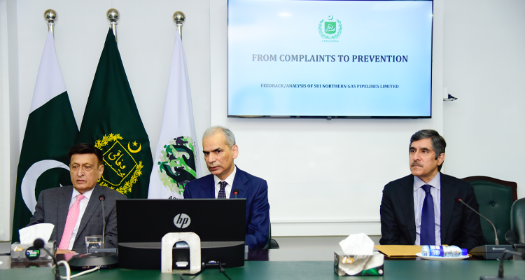 Wafaqi Mohtasib, Mr. Naveed Kamran Baloch holding a meeting with the Chairman SNGPL, Mr. Ismail Qureshi in Islamabad on 19-10-2026. The Managing Director, SNGPL, Mr. Amir Tufail was also present on the occasion.