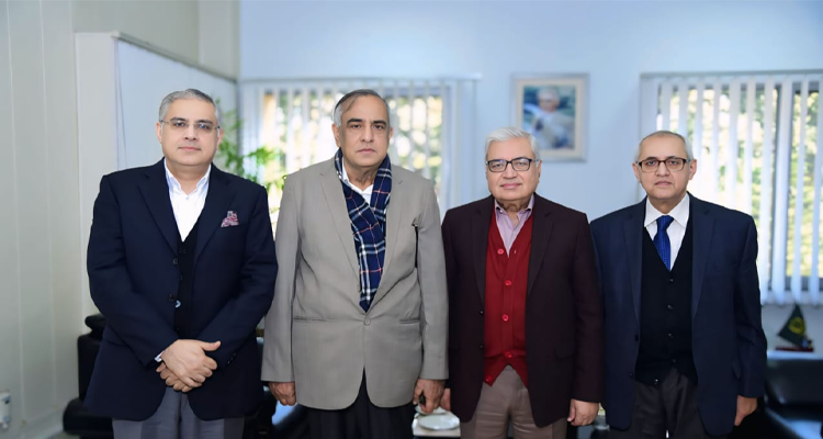 Wafaqi Mohtasib, Mr. Ejaz Ahmad Qureshi with Mr. Muhammad Zafar ul Haq Hijazi, Federal Tax Ombudsman who called on him in Islamabad on 04 December 2025. The Secretary, WMS, Mr. Ali Tahir and Senior Advisor, Amb (R) Abdul Moiz Bokhari also seen in the picture.
